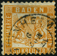 BADEN 22a O, 1862, 30 Kr. Lebhaftgelborange, Große Falzhelle Stelle, Feinst, Signiert H. Krause, Mi. 3200.- - Afgestempeld