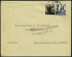 SPANIEN 775 BRIEF, 1937, 50 C. Isabella Mit 10 C. Zwangszuschlagsmarke Auf Brief Nach Frankfurt/M., Seltener Schwarzer Z - Gebruikt