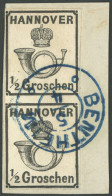 HANNOVER 17y  Paar BrfStk, 1860, 1/2 Gr. Schwarz Im Senkrechten Paar, Blauer K2 BENTHEIM, Repariert Wie Pracht, Fotobefu - Hanover