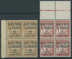 ST. PIERRE UND MIQUELON P 19/20  VB **, 1925, 60 C. Auf 50 C. Gelbbraun Und 2 Fr. Auf 1 Fr. Zinnober In Randviererblocks - Unused Stamps