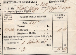 Regno D'Italia - 1881 - Ricevuta Esattoriale (Guastalla) Con Marca Da Bollo Al Verso - Fiscaux