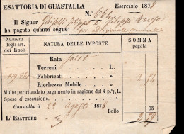 Regno D'Italia - 1881 - Ricevuta Esattoriale (Guastalla) Con Marca Da Bollo Al Verso - Steuermarken