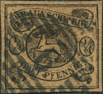 BRAUNSCHWEIG 4 O, 1856, 1/4 Ggr. Schwarz Auf Gelbbraun, Mit Blauschwarzem Nummernstempel 6 (Boerssum), Kabinett,  Kurzbe - Brunswick