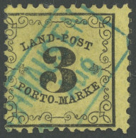 BADEN LP 2x O, 1863, 3 Kr. Schwarz Auf Gelb, Seltener Blauer R2 HOCHHAUSEN, Rechts Kleiner Einriss Sonst Pracht, Kurzbef - Usati