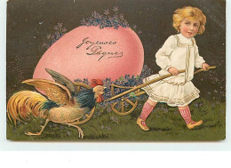 N°8825 - Carte Fantaisie Gaufrée - Joyeuses Paques - Fillette Tirant Une Charette Avec  Un Oeuf - Coq - Ostern