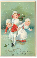 N°10776 - Carte Fantaisie Gaufrée - A Merry Christmas - Enfants Faisant Du Patin à Glace - Autres & Non Classés