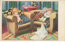 N°24070 - Illustrateur - A. Bertiglia - Deux Enfants Dans Des Fauteuils, La Fillette Regardant Le Garçon Dormir - Bertiglia, A.