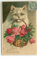 N°23043 - Carte Gaufrée - Souvenir D'Amitié - Chat Portant Un Panier Rempli De Roses - Otros & Sin Clasificación