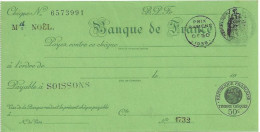 CHEQUE CHECK FRANCE BANQUE DE FRANCE IMP. FISCAL 1930'S AG. SOISSONS V - Schecks  Und Reiseschecks