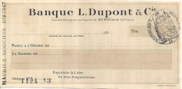 CHEQUE CHECK FRANCE BANQUE L. DUPONT IMP. FISCAL 1930'S AG. LILLE - Schecks  Und Reiseschecks