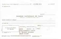CHEQUE CHECK FRANCE BANQUE NAT. DE PARIS 1970'S AG. PARIS - Schecks  Und Reiseschecks