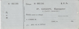 CHEQUE CHECK FRANCE P. GIGON BANQUIER 1930'S AG.CANY - Schecks  Und Reiseschecks