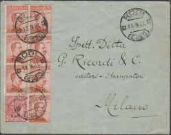 280 - Lettera Da Rodi (Egeo) Per Milano Del 13.09.1921, Affrancata Con Blocco Di 6 Francobolli + 1 Del 20 C. N. 12 + 10 - Aegean