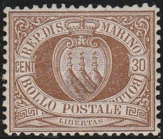 296 - San Marino 1877 - 30 C. Bruno N. 6 Con Discreta Centratura. Cat. € 1200,00. MH - Nuovi
