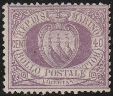 297 - San Marino 1877 - 40 C. Lilla Scuro N. 7. Cat. € 600,00. SPL MH - Ongebruikt