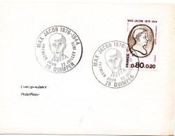 ECRIVAIN / MAX JACOB = 29 QUIMPER 1976 = CACHET PREMIER JOUR Illustré + N° 1881 Sur CARTE - Ecrivains