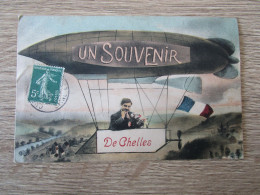 FANTAISIE 77 UN SOUVENIR DE CHELLES BALLON DIRIGEABLE HOMME FLEURS DRAPEAU FRANCAIS - Chelles