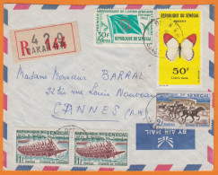 Lettre Recodée Pub De  DAKAR 1963 Pour CANNES Avec Compo De 7 Timbres Papillon 50F + Y.et.T.215 + Sports 50c  1F Et  3F - Sénégal (1960-...)