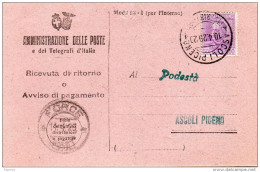 1929 RICEVUTA DI RITORNO CON ANNULLO ASCOLI PICENO - Marcophilia