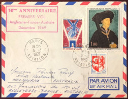 France, 50e Anniversaire / Premier Vol Angleterre-France-Australie 1969 - Enveloppe - (W1484) - Premiers Vols