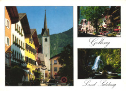 GOLLING, SALZBURG, MULTIPLE VIEWS, ARCHITECTURE, TOWER, CARS, FLAG, WATERFALL, AUSTRIA, POSTCARD - Golling