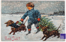 Noël 1915s CPA Postcard Sweden Suède Enfant Chiot Teckel Dachshund Vintage Dog Flowers Basset Dog Chien De Chasse A74-93 - Hunde