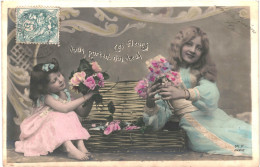 CPA Carte Postale France Une Fillette Et Une Jeune Fille Près D'un Panier Fleuri: Ces Fleurs Portent ... 1906 VM81607 - Szenen & Landschaften