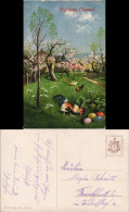 Glückwunsch Grußkarte Ostern Hahn Und Hennen Mit Ostereiern 1920 - Easter