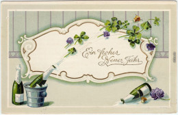  Ein Frohes Neues Jahr: Sektkorken Und Kleeblätter, Relief Goldrand 1908 Prägekarte - Nouvel An