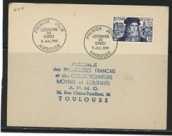 37-AMBOISE -BUREAU TEMPORAIRE -LEONARD DE VINCI -N°928 /LSC POUR TOULOUSE -CàD -9 JUIL 1952 - 1921-1960: Moderne