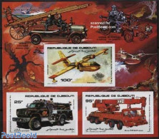 Djibouti 1984 Fire Corps S/s Imperforated, Mint NH, Transport - Automobiles - Fire Fighters & Prevention - Aircraft & .. - Voitures