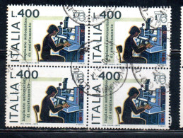 ITALIA REPUBBLICA ITALY 1976 ESPOSIZIONE MONDIALE DI FILATELIA 76 IMPIANTO MODERNO QUARTINA BLOCK LIRE 400 USATO USED - 1971-80: Afgestempeld