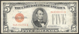 United States Note 5 Dollars Abraham Lincoln Red Seal 1928 E H-A VF No Tear Hole - Biljetten Van De Verenigde Staten (1928-1953)