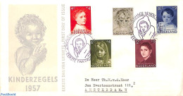Netherlands 1957 Child Welfare 5v, FDC, Typed Address, Closed Flap, First Day Cover - Cartas & Documentos