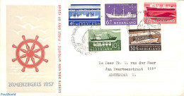 Netherlands 1957 Ships 5v, FDC,  Typed Address, Open Flap, First Day Cover, Transport - Ships And Boats - Lettres & Documents