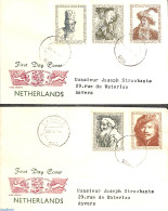 Netherlands 1956 Rembrandt 5v, FDC Three Arrows (on 2 Covers), First Day Cover, Art - Rembrandt - Lettres & Documents