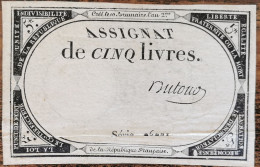 Assignat 5 Livres - 10 Brumaire L'an 2 - Série 26221 - Dutour - Assignats