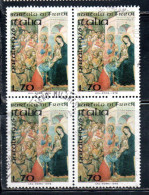 ITALIA REPUBBLICA ITALY REPUBLIC 1976 NATALE CHRISTMAS NOEL WEIHNACHTEN NAVIDAD LIRE 70 QUARTINA BLOCK USATO USED - 1971-80: Oblitérés