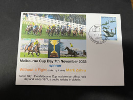 6-6-2024 (25) Australia - 7th November 2023 - Melbourne Cup (winner Without A Fight - Ridder Mark Zahra) Swan Stamp - Covers & Documents