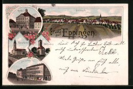 Lithographie Eppingen, Hotel Zur Krone Und Post, Rathaus, Ottilienberg, Totalansicht  - Eppingen