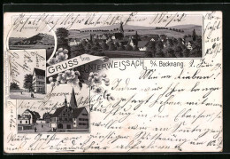 Lithographie Unterweissach / Backnang, Totalansicht Mit Marktplatz Und Ebersberg  - Backnang