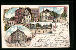 Lithographie Neumünster /Holst., Kuhberg, Grossflecken, Ecke Wasbeckerstrasse Und Schleusberg  - Neumuenster