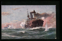 Künstler-AK Willy Stoewer: Deutsches U-Boot Im Gefecht Mit Einem Bewaffneten Handelsdampfer Im Sperrgebiet  - Warships