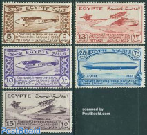 Egypt (Kingdom) 1933 Aviation Congress 5v, Unused (hinged), Transport - Aircraft & Aviation - Zeppelins - Unused Stamps