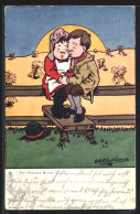 Künstler-AK George Edward Shepheard: Verliebtes Paar Sitzt Auf Einem Zaun Im Sonnenuntergang  - Shepheard