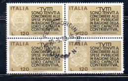 ITALIA REPUBBLICA ITALY 1977 PROPAGANDA PER LA FEDELTA' CONTRIBUTIVA DEI REDDITI QUARTINA BLOCK LIRE 120 USATO USED - 1971-80: Oblitérés