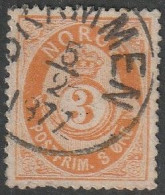 Norwegen: 1877, Mi. Nr. 23, Freimarke: 3 Ø Schattiertes Posthorn Auf Schattiertem Grund.   Gestpl./used - Usati