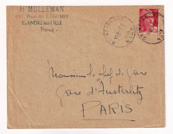 Lettre 1949 Saint André Lez Lille Nord Marianne De Gandon 6 Francs Paris Gare D'Austerlitz Mulleman - 1945-54 Marianne (Gandon)