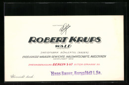 Vertreterkarte Wald (Rhld), Robert Krups, Erzeugnisse, Waagen, Gewichte, Hauswirtschaftl. Maschinen  - Unclassified