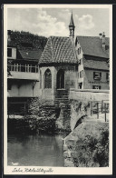 AK Calw, Nikolauskapelle, Fahrradhaus Hans Meier, Brücke über Fluss  - Calw